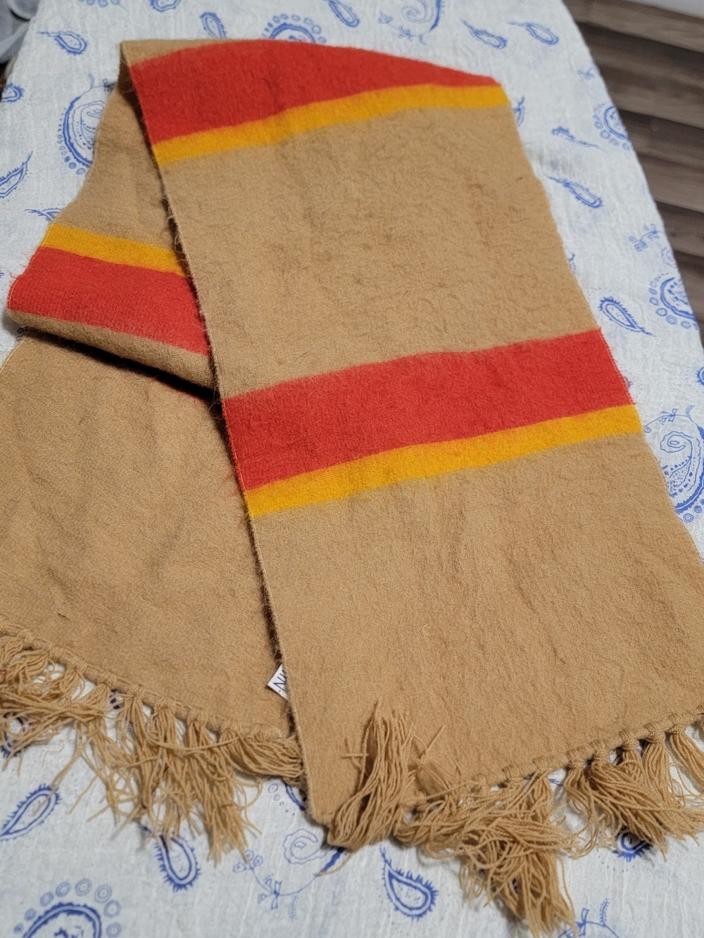 Tan Fringe Scarf with Red and Yellow Stripes